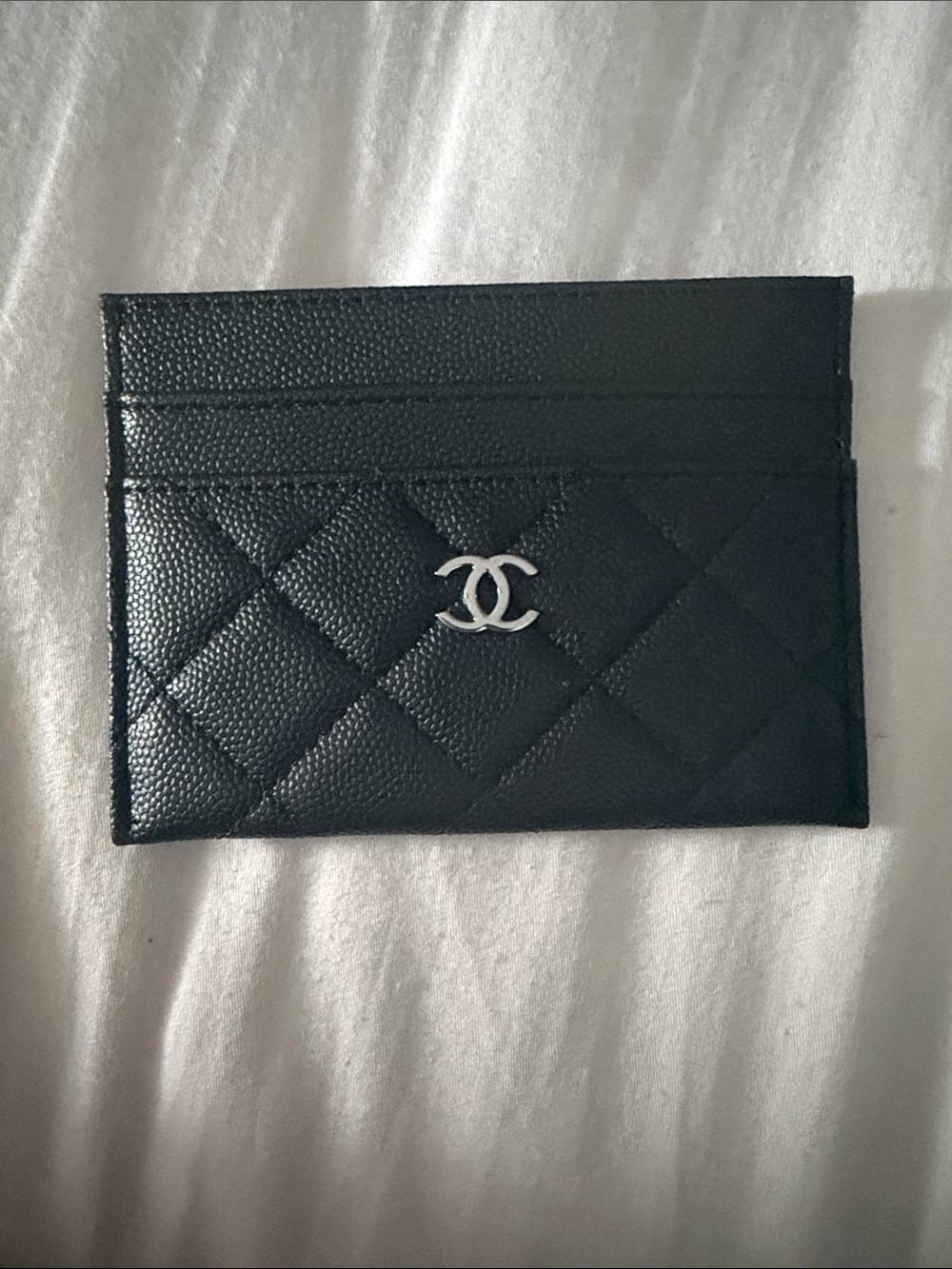 CHANEL Black Quilted Leather Card Holder with Silver CC